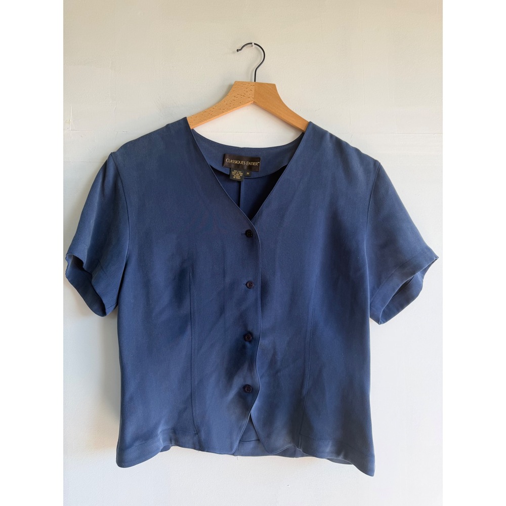 Classiques Entier Silk Blouse Blue V-Neck Short Sleeve Chic 90's minimalist  W M